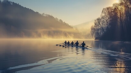 Rowers in Training on a Misty Morning at a Serene Lake