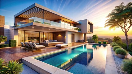 Fototapeta premium Minimalist Luxury Villa Poolside Paradise: Stunning Architecture, Modern Design, Dream Vacation Home