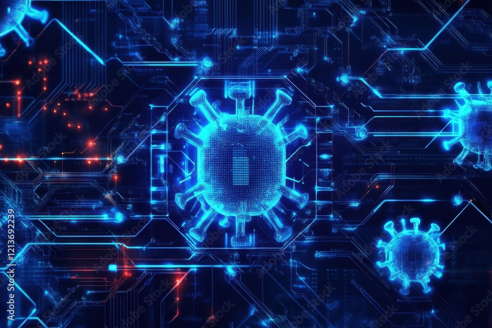Poster visual representation of a virus integrated with digital circuitry illustrating modern technology's 