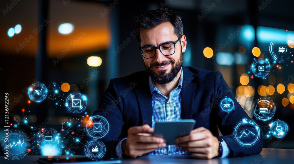 Poster man using smartphone in modern office, surrounded by digital icons representing communication and technology. scene conveys sense of innovation and connectivity