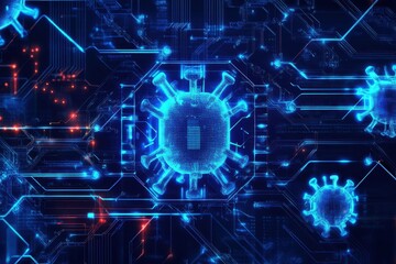 Visual representation of a virus integrated with digital circuitry illustrating modern technology's role in health research