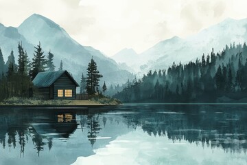 Obraz premium Quiet cabin by a serene lake surrounded by mountains at dusk