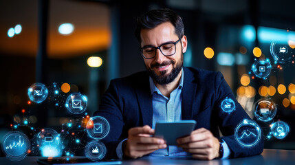 man using smartphone in modern office, surrounded by digital icons representing communication and technology. scene conveys sense of innovation and connectivity