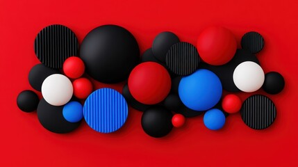 Abstract Red Background with Colorful Spheres: A vibrant composition of red, black, white, and blue spheres of varying sizes and textures arranged against a bold red backdrop.