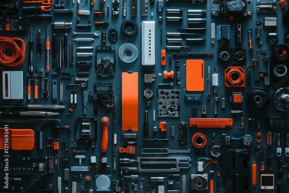 Poster collection of varied tools and components arranged on a dark surface showcasing an organized workspa