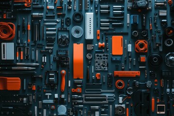 Collection of varied tools and components arranged on a dark surface showcasing an organized workspace