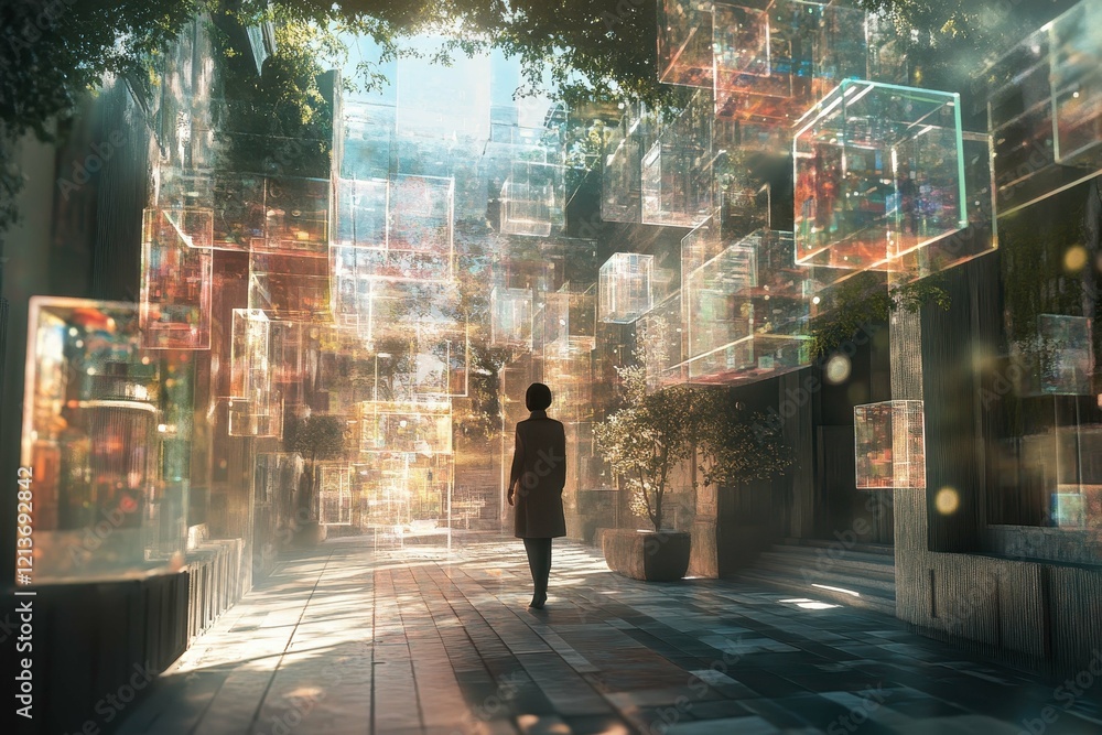 Poster exploring a futuristic urban space filled with floating translucent cubes during the day