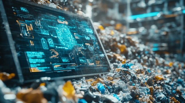 A bright digital interface stands out amid a chaotic pile of waste in a recycling facility, highlighting the clash between advanced technology and environmental challenges.