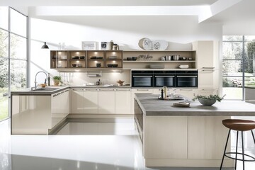 Fototapeta premium Modern Beige Kitchen Island Design With Glass Cabinets