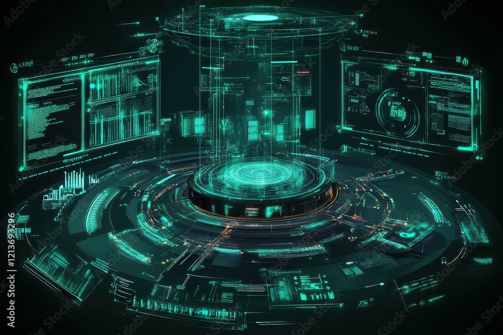 Poster futuristic digital interface displays data analytics and projections in a high-tech environment