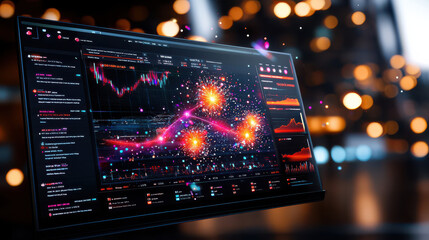 cybersecurity dashboard displaying real time analytics with vibrant visualizations and data patterns. colorful graphics represent data trends and security metrics