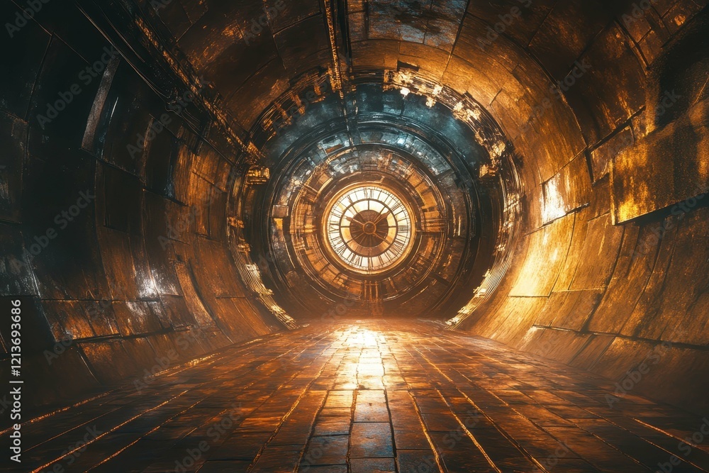 Poster illuminated tunnel with intricate designs creates a mysterious atmosphere in a futuristic setting