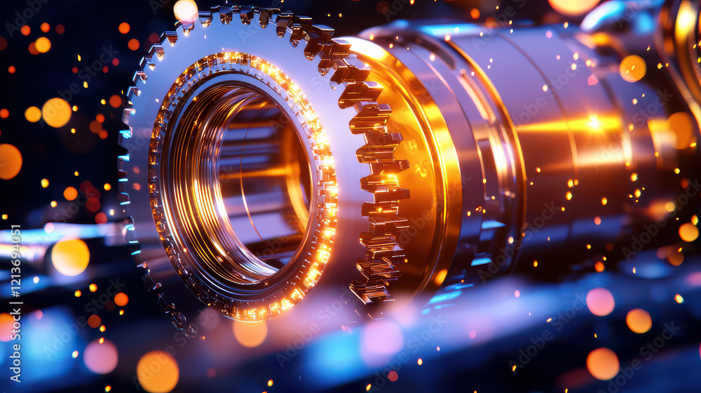 Poster detailed shot of advanced machinery components with vibrant bokeh effects, showcasing intricate gears and metallic textures. image captures essence of modern engineering and technology