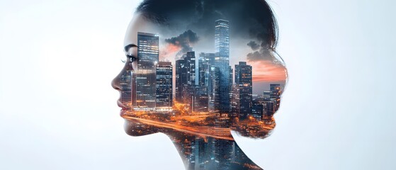 Empowered female entrepreneur with vision board urban landscape double exposure art business environment inspirational concept