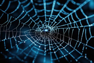 Intricate spider web adorned with morning dew glistens beautifully under soft light