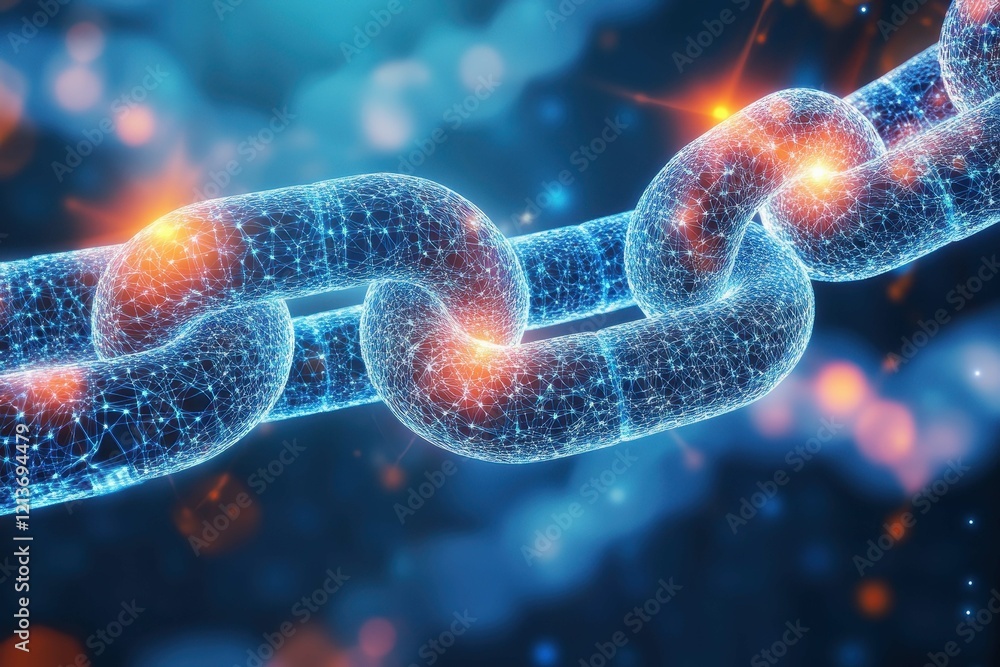 Poster digital representation of a futuristic chain symbolizing connectivity and security in technology and