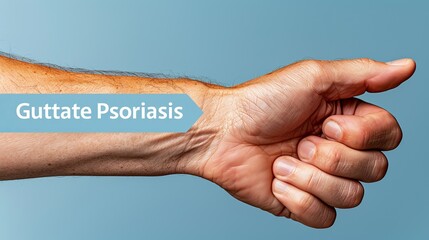 Close-up of a male arm displaying guttate psoriasis, showcasing the skin condition's characteristic patches against a light blue backdrop.