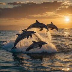 Fototapeta premium A group of dolphins gracefully leaping out of the water against a backdrop of a golden sunset. The ocean sparkles as the sunlight dances on the waves, and the silhouettes of the dolphins form elegant 