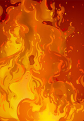 Flame, blaze, bonfire, fire sparks effect background on dark vector illustration design.