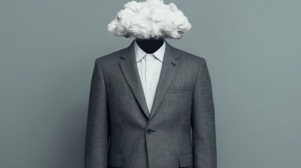 Cloud Mind: A surreal portrait of a businessman with a fluffy white cloud replacing his head, suggesting mental fog, uncertainty, or the weight of responsibility.