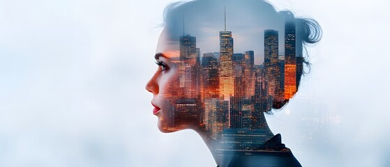 Businesswoman overlooking cityscape urban environment double exposure photography inspirational viewpoint