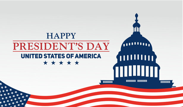 Happy Presidents Day concept with the US national flag and a silhouette of the Capitol building, accompanied by patriotic elements and text celebrating the holiday. - Powered by Adobe