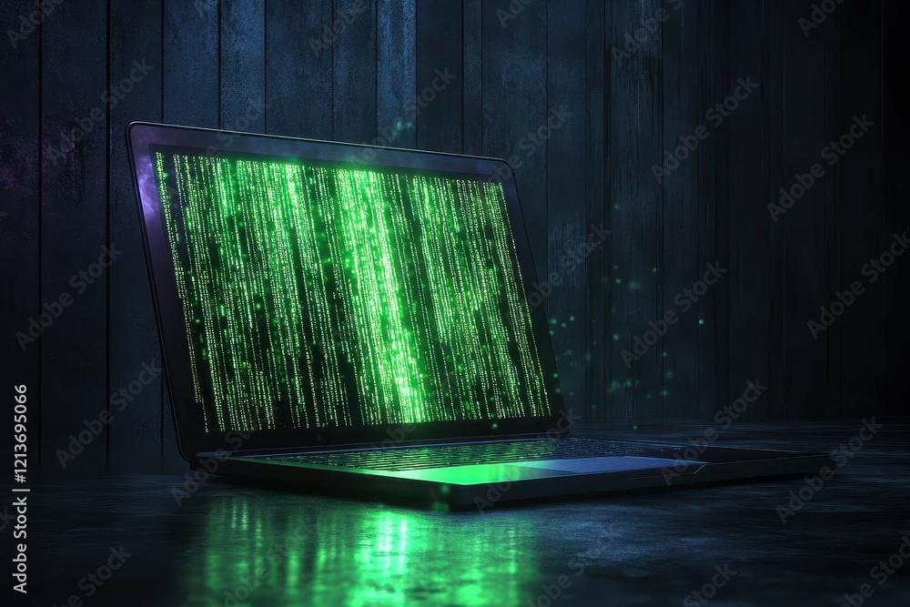 Poster digital matrix code displays on a laptop screen in a dark room with wooden walls enhancing the tech 