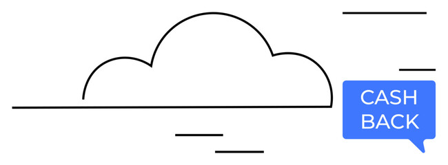Cloud outline with a blue dialogue bubble saying CASH BACK. Ideal for finance, savings, rewards, digital services, financial growth, customer incentives, e-commerce strategies. Abstract line flat