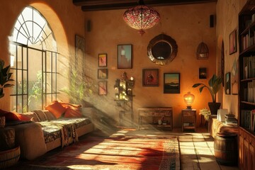 Cozy interior of a sunlit room with warm colors and artistic decor in a relaxed atmosphere