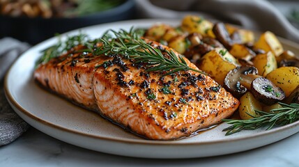 Roasted salmon with potatoes and mushrooms