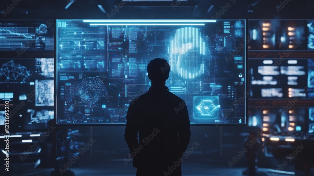 Poster man analyzing data on futuristic screens in control room
