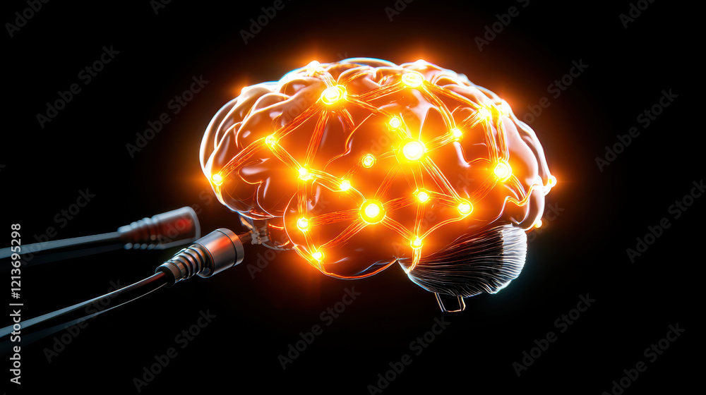 Poster digital brain symbolizing artificial intelligence with glowing connections and cables, representing 