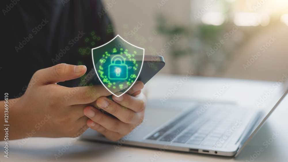 Aufkleber businessmen with a digital shield and lock icon, representing mobile data protection and secure auth