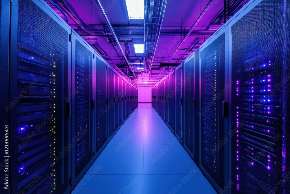 Poster servers illuminated in vibrant colors create a futuristic corridor in a modern data center