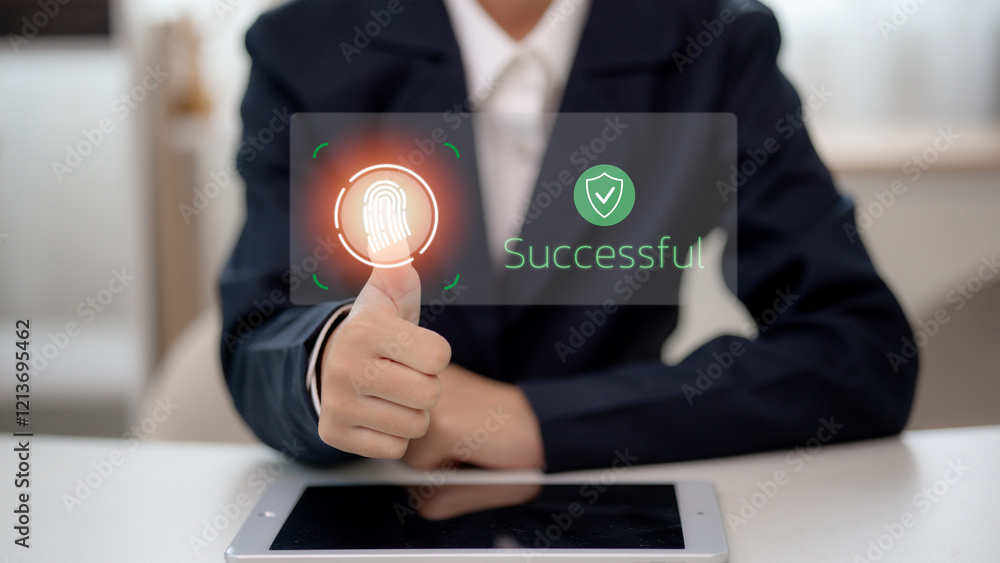 Poster businessmen using fingerprint authentication for secure payment confirmation, showcasing modern tech