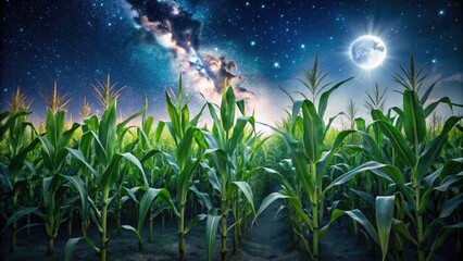 Night Photography: Isolated Corn Plants, Green Corn Stalks, Field Corn, White Background, Copy Space