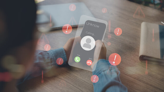 unknown scam alert call notification. Smartphones with incoming calls from unknown numbers, spam, prank callers, hoax persons, fake identity, scammers, hackers, call centers, crime, calls, fraud.