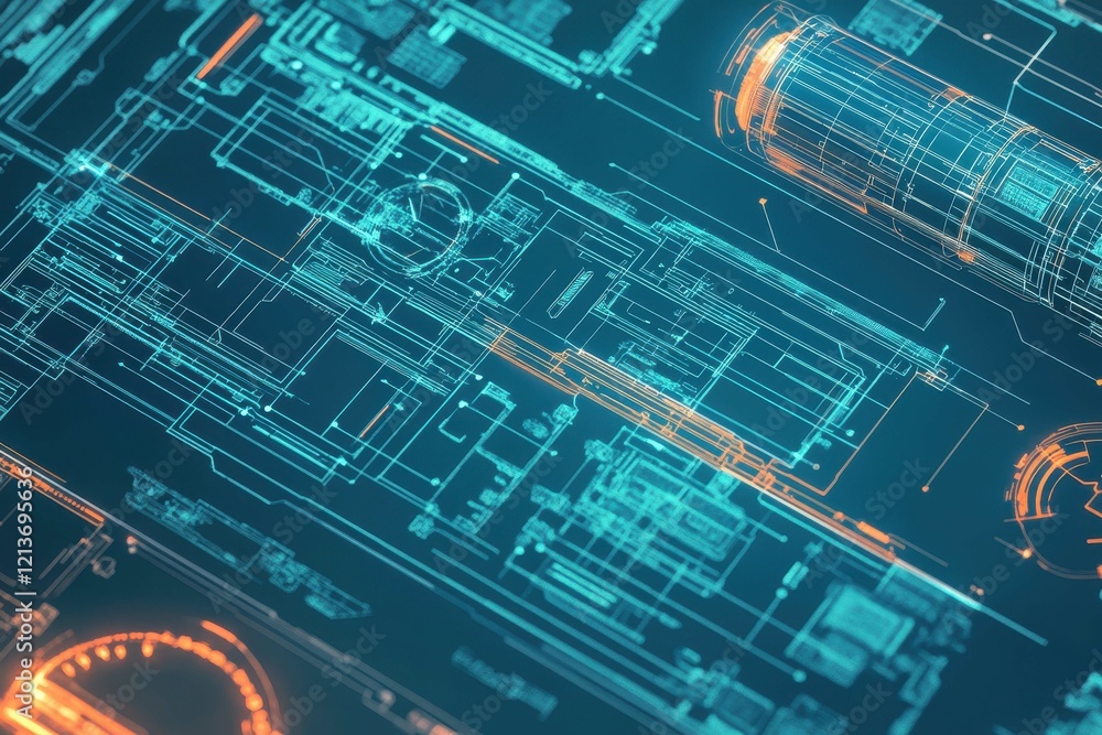 Poster detailed blueprint of a futuristic machinery design with glowing lines and technical annotations