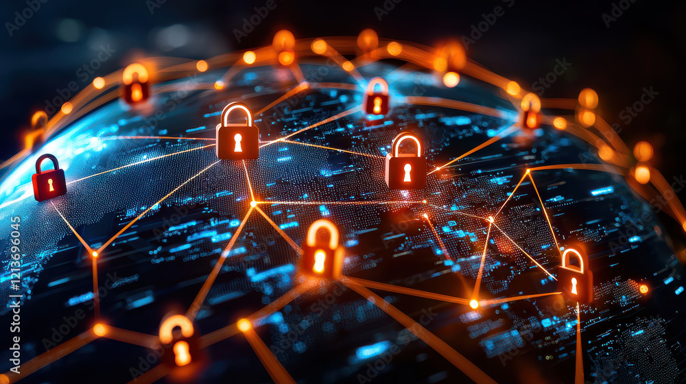 Poster digital globe with connected nodes and security locks, symbolizing cybersecurity and data protection. vibrant network highlights importance of secure connections in digital world