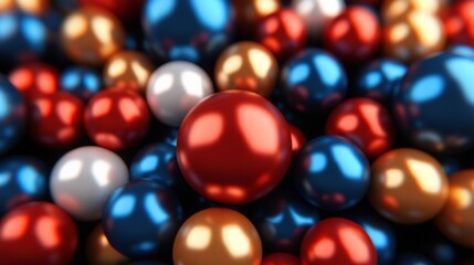 Abstract Sphere Symphony: A captivating abstract image showcasing an array of vibrant spheres in red, gold, blue, and silver, creating a mesmerizing visual symphony.