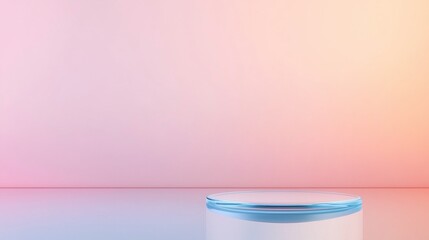 A minimalist glass podium placed on a reflective water surface, surrounded by glowing light and a frosted glass background for added depth.