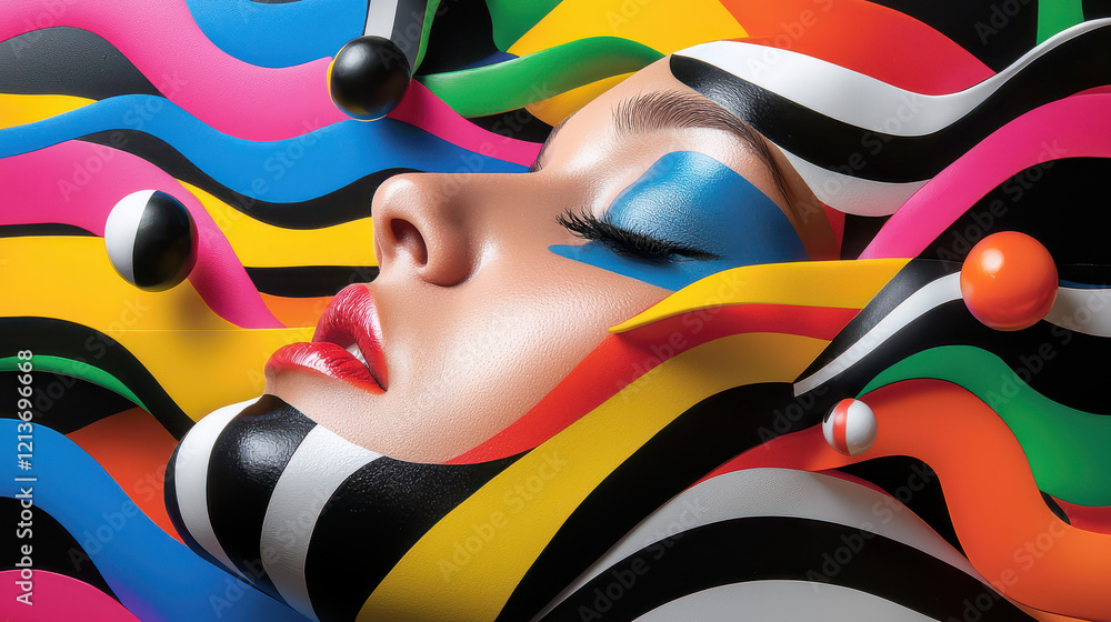 Poster vibrant digital portrait of woman with colorful abstract patterns, showcasing bold stripes and playf