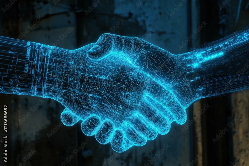 Poster virtual handshake between human and robotic hands symbolizing collaboration and innovation in techno