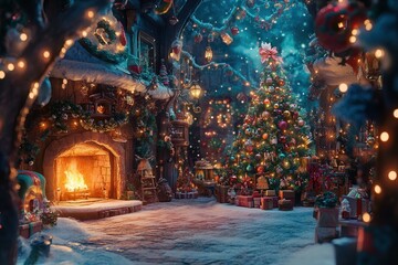 Obraz premium Festive holiday setting with decorated Christmas tree, warm fireplace, and joyful decorations in a snowy environment