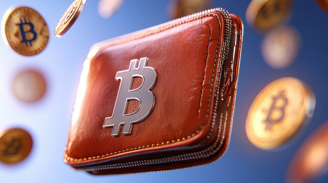 digital representation of cryptocurrency wallet with floating coins, symbolizing future of finance and digital transactions