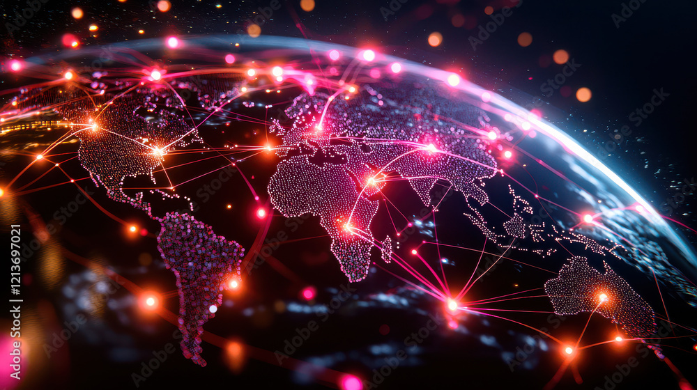 Poster digital representation of global network with interconnected nodes, showcasing data flow and cybersecurity themes. vibrant colors and lights create dynamic atmosphere