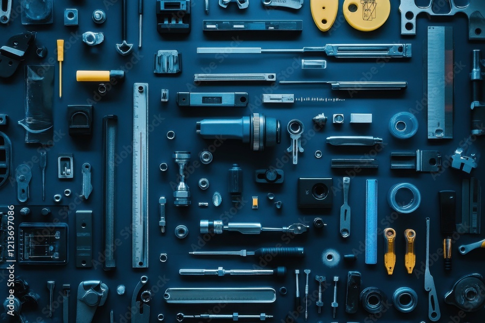 Poster collection of various tools and accessories arranged neatly on a dark surface for an organized displ