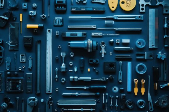 Collection of various tools and accessories arranged neatly on a dark surface for an organized display or inventory check