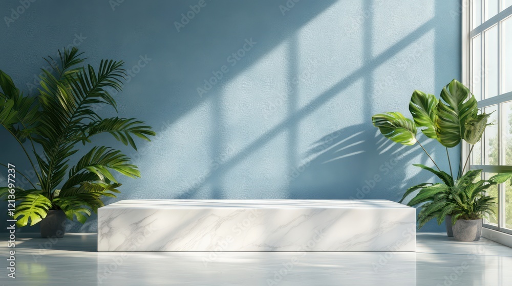Poster marble podium with green plants and palm leaves on the sides, creating an elegant backdrop for produ