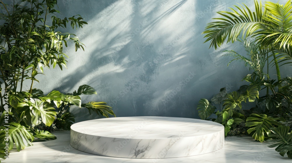 Poster marble podium with green plants and palm leaves on the sides, creating an elegant backdrop for produ